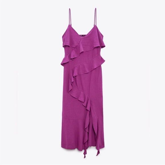 Zara limited edition Linen blend ruffled midi dress you cannot miss - Picture 4 of 11